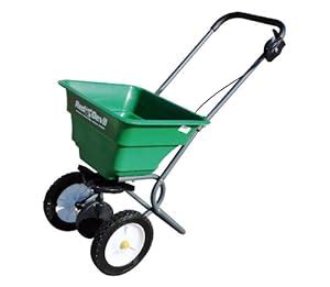 Wear a pair of hand gloves. Choose the required setting for using the Expert Gardener hand spreader. Fill the spreader with the desired seed, sand, and fertilizer. Crank the spreader as you walk around the target area. Clean and dry the spreader after use.